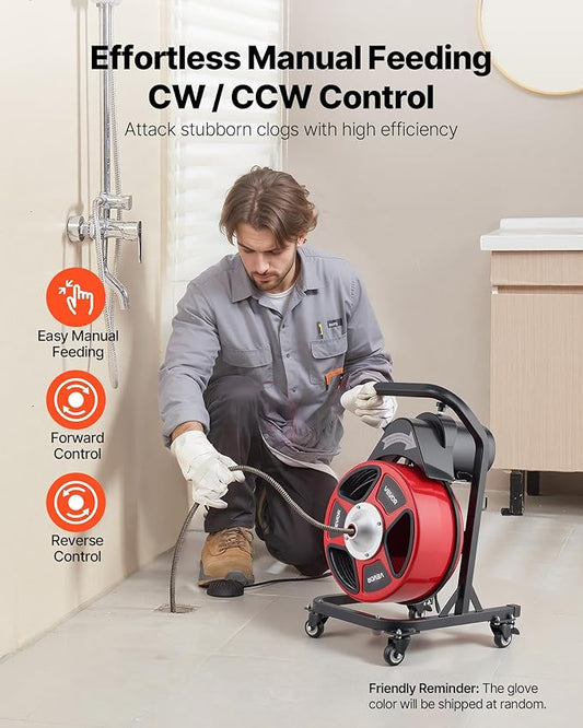 VEVOR Drain Cleaner Machine 50 FT x 1/2 Inch, Manual Feed Sewer Snake Auger on Wheels - with 4 Cutters & Air-activated Foot Switch for 2" to 6" Pipes