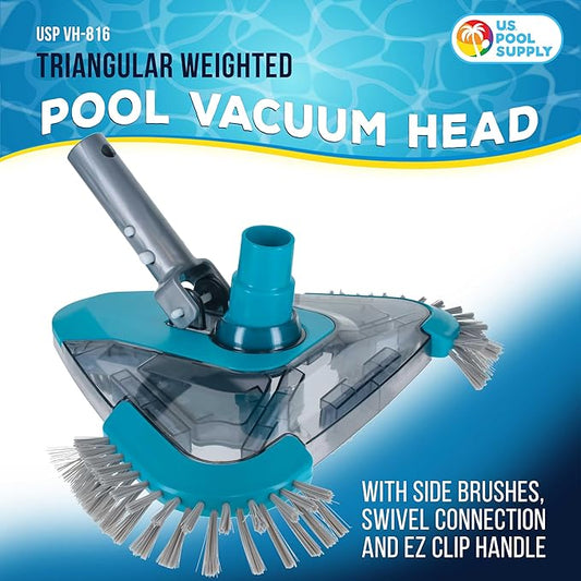 U.S. Pool Supply Premium Triangular Weighted Pool Vacuum Head with Side Brushes, Swivel Connection, EZ Clip Handle - Above Ground & Inground Swimming Pools – Vinyl Liner Floor, Wall, Corner Cleaner