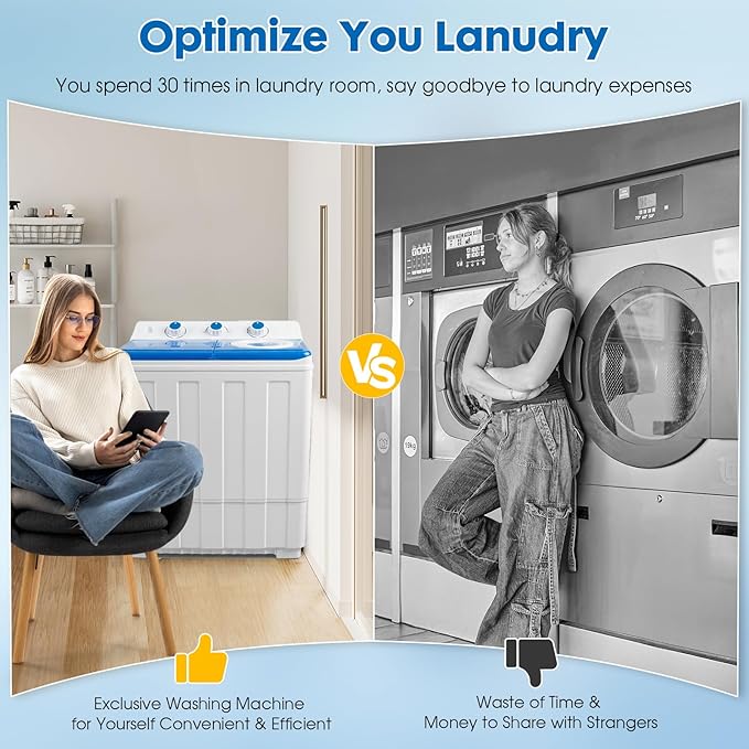 Portable Washing Machine Twin Tub - 14lbs Compact Washer (9,5lbs) and Spinner Dryer (4.5lbs) Combo with Drain Pump - Semi Automatic Washing Machine for Apartments, Dorms, RVs, Camping - Blue