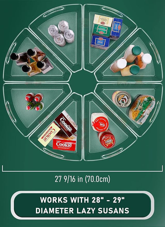 Lazy Susan Cabinet Organizer Bins for 26"/ 28"/ 32" Diameter Corner Organizer, Plastic Cabinet Storage Bin, 1/8 Wedge - Food Safe, BPA Free, with Non-Slip Pads (for 28" Diameter, 8 Pack)