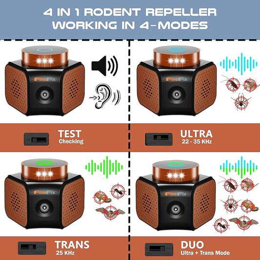 FineFix 360 Plug in Mouse Deterrent Ultrasonic Pest Repeller 4-Modes Best Thing to get rid of mice Repellent Indoor Mouseblocker for House Attic Garage Warehouse Rvs repelente ultrasonico de plagas