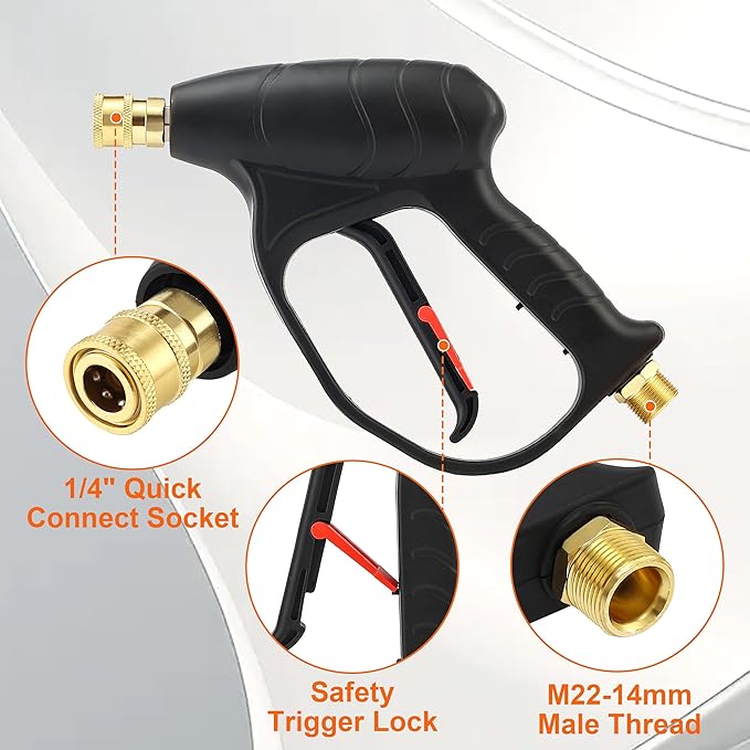 JOEJET Short Pressure Washer Gun with Foam Cannon Dual Connector Accessory, Car Wash Foam Gun with 1/4 Inch Quick Connector, 5 Pressure Washer Nozzle Tips, 1 Liter