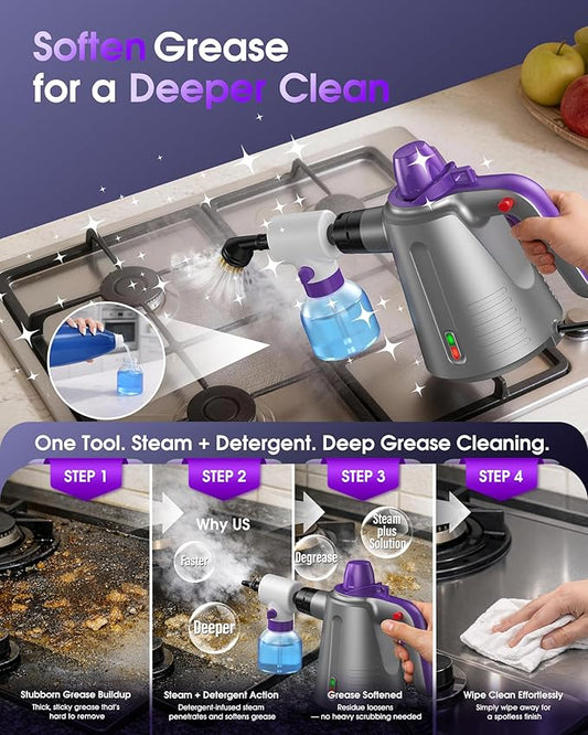 Handheld Steam Cleaner for Home, Pressurized Multi Purpose Steamer for Cleaning Upholstery Bed Furniture Couch Carpet Car with 14 Accessories & Safety Lock, Small Solution Tank for Grease