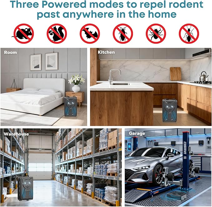 Ultrasonic Pest & Rodent Mouse Repellent, Plug-in Electronic Rat Squirrel Bat Bug Spider Repeller, Battery Operated Deterrent Control Mice for Car Engines, Replace Mouse Traps Indoor, Outdoor 2 Pack