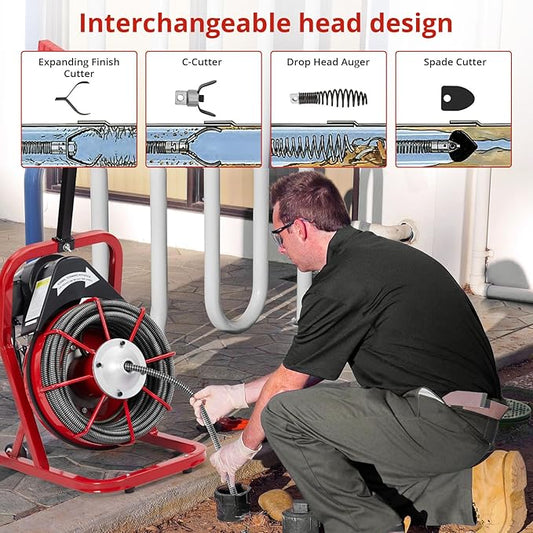 Drain Cleaner Machine 75FT x 1/2 Inch, Powerful Plumbing Auger with 4 Cutter Heads, Air-Activated Foot Switch, Gloves, Portable Sewer Snake for 1"-4" Pipes, Ideal for Bathroom and Kitchen Clogs