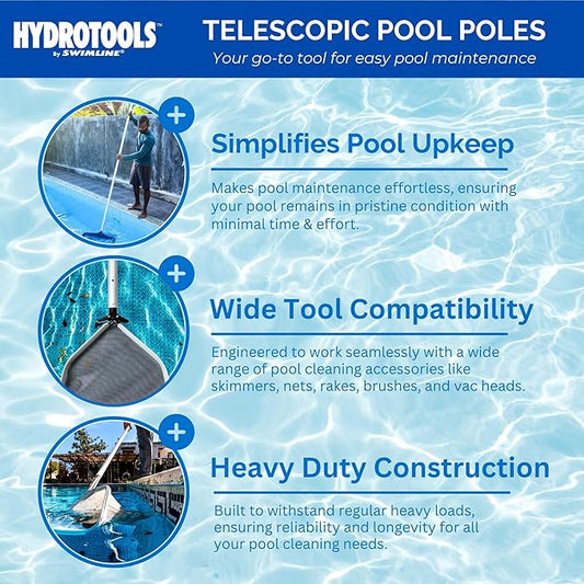 SWIMLINE HYDROTOOLS 8350A 3-Piece Telescopic Pole 4 To 12 Feet Adjustable Telepole For Swimming Pool Cleaning Skimmer Nets Vacuum Heads & Brushes Step-Up Anodized Aluminum W/ Strong Grip & Lock
