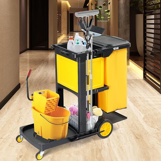 TUFFIOM Janitorial Cart with Key-Locking Cabinet, 3-Shelf Commercial Cleaning Cart, Housekeeping Caddy with Locker,Wheeled with Yellow Vinyl Bag, Black, Great for Hotel, Stores, Schools, and Business