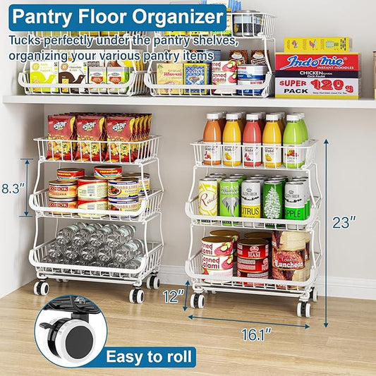 3-Tier Rolling Pantry Floor Organizer and Storage Cart with Wheels, Stackable Wire Pantry Baskets for Pantry Shelves, Kitchen Storage Rack and Fruit Basket Stand for Fruit Snack Onion Potato