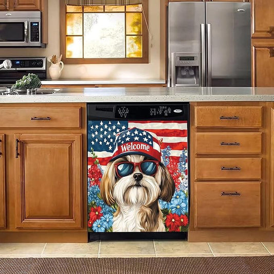 American Flag Pet Dogs Magnetic Sticker Dishwasher Cover Kitchen Decor, 23x26inch Floral Dishwasher Magnet Cover, Patriotic Dishwasher Decal, Refrigerator Panel,Magnetic Dishwasher Sticker