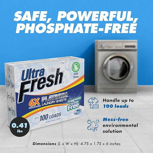Ultra Fresh Platinum 2 Pack Laundry Soap Detergent Sheets, Ultra Concentrated, Stain Fighting, Fragrance & Dye Free, 200 Loads