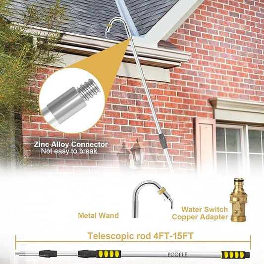 16ft (24ft Reach) Gutter Cleaning Tools from The Ground, Telescoping Rain Gutter Cleaner Tool, Gutters Cleaning Wand, Gutters Cleaning Hose Attachment & Connection Adapter