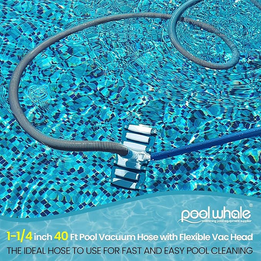 POOLWHALE Professional 1-1/2-Inch x 40-Feet Swimming Pool Vacuum Hoses and Weighted Rotatable Handle Vacuum Head with Wheels, Perfect for Above Ground and Inground Pools