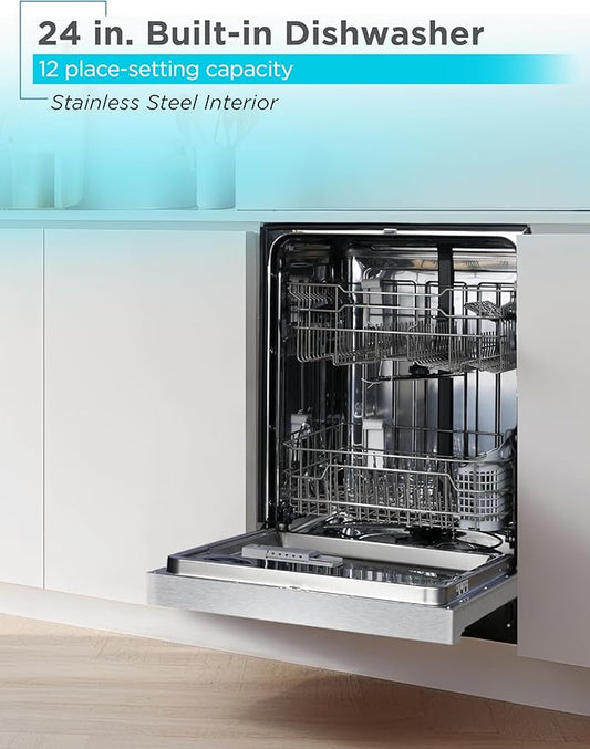 BLACK+DECKER 24" Built-In Dishwasher, 12-Place Setting Capacity with Stainless Steel Tub, Dish Washer with 6 Wash Programs, Low Noise, ENERGY STAR Certified, BDW200MS, Stainless Steel Look