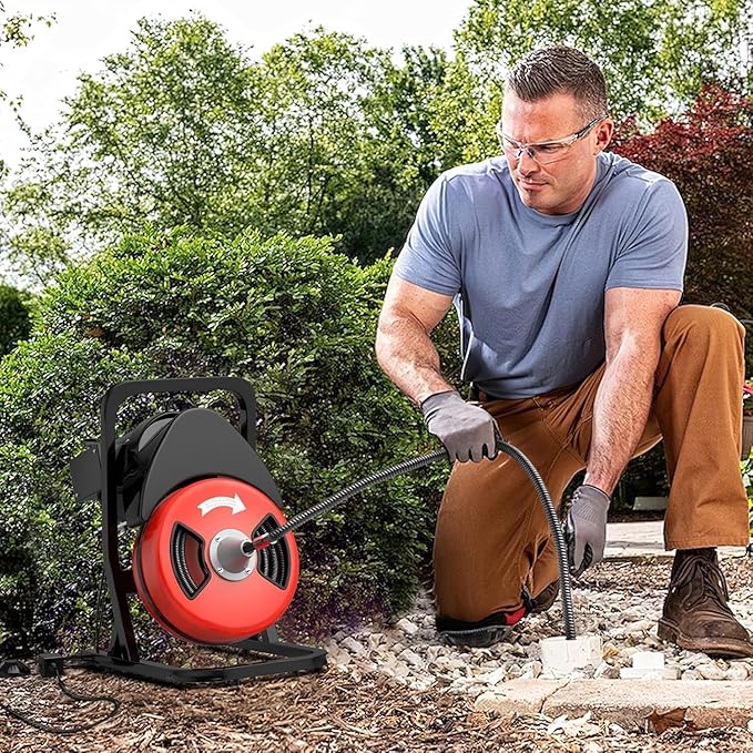 50FTx1/2 Inch Drain Cleaner Machine with Wheels, Sewer Snake Electric Drain for 2" to 4" Pipes, Plumbing Snake Auger Cleaner with 6 Cutter & Foot Switch for Sewer, Sink, Toilet, Bathroom