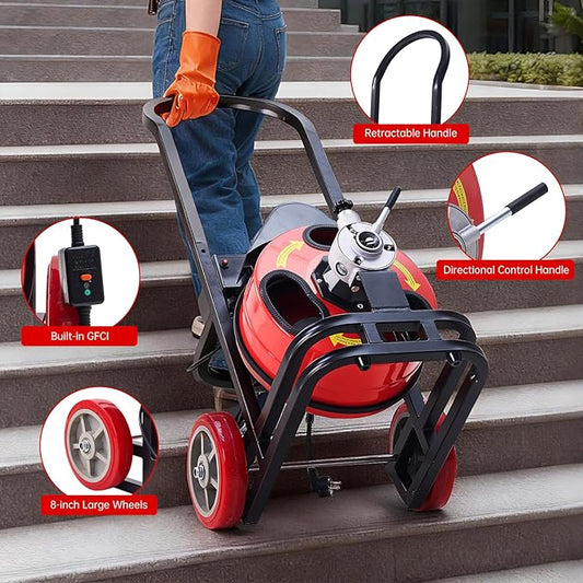 Drain Augers 75FT Sewer Snake with Auto-feed,SEVVETROOL Electric Drain Cleaner Machine 250W Motor Speed, CW/CCW Switch Control,Quick Replaceable Cutters,Perfect for 1"-4" Pipes(22.8M)