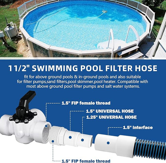 1.5" 6ft Swimming Pool Filter Pump Hose Replacement Kit, fit for Above Ground Swimming Pool Vacuum Skimmer 1 1/2" Filter Hose and for 1.25/1.5" Adapter Fittings -2 Hoses, 2 Adapters, 2 Tapes, 4 Clamps