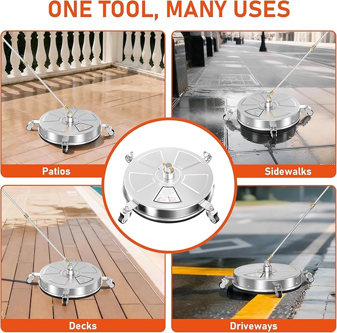 18" Pressure Washer Surface Cleaner with 4 Wheels, 4000 PSI Max Stainless Steel Surface Cleaner for Pressure Washer, 2 Extension Wands, 1/4" Quick Plug, for Concrete, Patio, Sidewalk, Deck