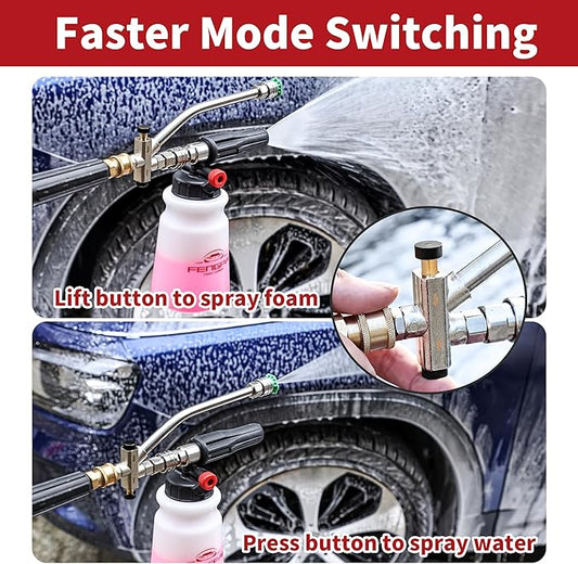 FENG PAI Foam Cannon with Pressure Washer Gun and Dual Connector, 3-in-1 Short Lance Accessory for Snow Foam Cannon, Power Washer Blaster Kit for Car Washing and Cleaning, Sprayer Bottle 1L 4000 PSI