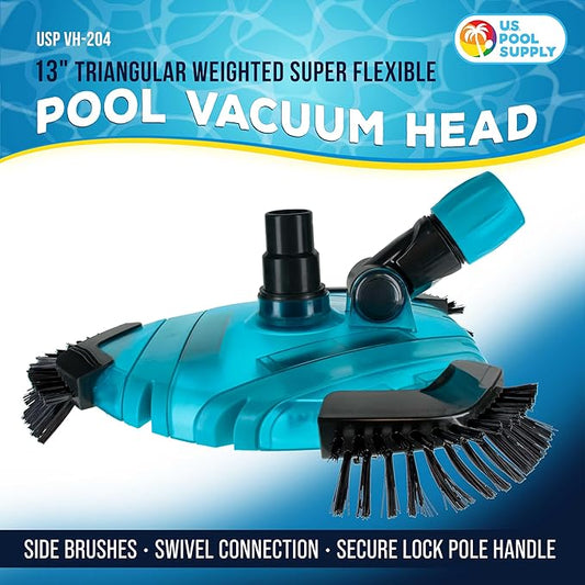 U.S. Pool Supply Professional 13" Triangular Weighted Super Flexible Swimming Pool Vacuum Head with Side Brushes, Swivel Connection - Above-Ground & Inground Swimming Pools, Secure Lock Pole Handle