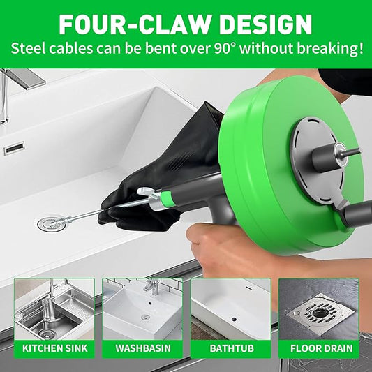 BACOENG 33Ft Drain Auger, Heavy Duty Plumbing Snake with Drill Adapter, Use Manually or Powered for Drain Clog, Shower Sink, Comes with Gloves and Bag (Green)