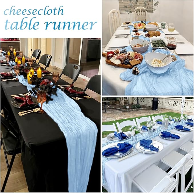 25 Pack Baby Blue Cheesecloth Table Runner 17 x 108 Inch Gauze Table Runner Fabric Semi Sheer Cheese Cloth Table Decor Bulk for Rustic Romantic Wedding Baby Shower Table Decoration