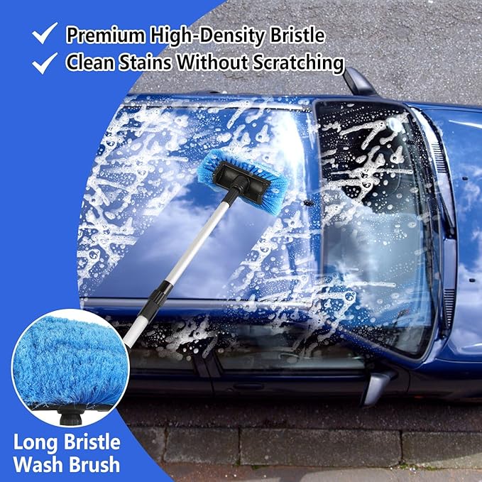 5Pcs Car Cleaning Brush Kit 61in Detachable Long Handle Soft Microfiber Mop Brush Mitt Windshield Squeegee Duster Towel Wheel Tier Brush Hose Adapter for Car RV Truck Boat