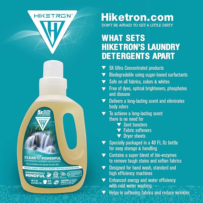 Hiketron Clear & Powerful Unscented Liquid Laundry Detergent, 5x Ultra Concentrated, Tough Stains Remover, (40 Fl Oz, Pack of 2)