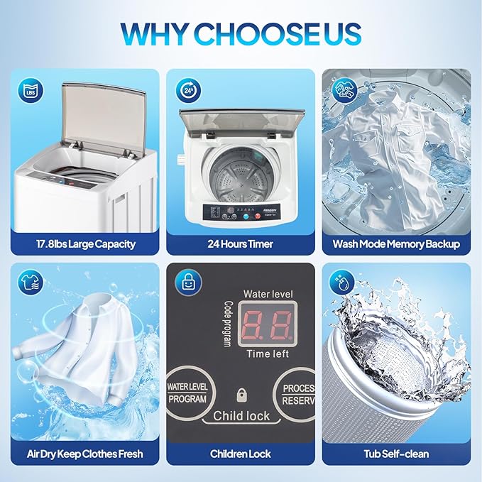 ROVSUN 17.8LBS Full-Automatic Washing Machine and 1.8CuFt Portable Clothes Dryer Set, Compact Laundry Washer and Dryer Combo Set with Stainless Steel Inner Tub, for Apartment, Dorm, Home