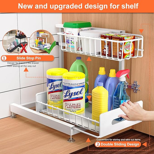 Dataroad Under Sink Organizers And Storage Pull Out Cabinet Organizer 2 Tier Sliding Out Drawer,Under Kitchen Sink Organizer Shelf,Adjustable Counter Organization for Kitchen Pantry Cabinet,White