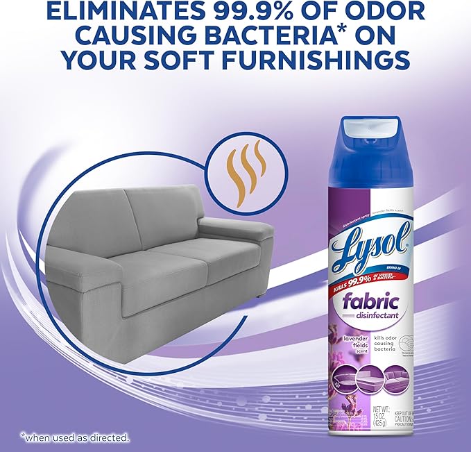 Lysol Fabric Disinfectant Spray, Sanitizing and Antibacterial Spray, For Disinfecting and Deodorizing Soft Furnishings, Lavender Fields 15 Fl. Oz (Pack of 3)