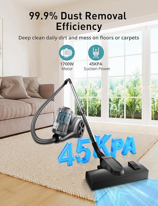 Aspiron 1700W Canister Vacuum Cleaner, 45Kpa Bagless Vacuum Cleaner, Multi-Cyclonic Filtration, 2 Anti-Allergen HEPA Filters, 3.5QT Dust Cup, 4 Tools, Corded Vacuum for Hard Floor, Pet Hair, Cerulean