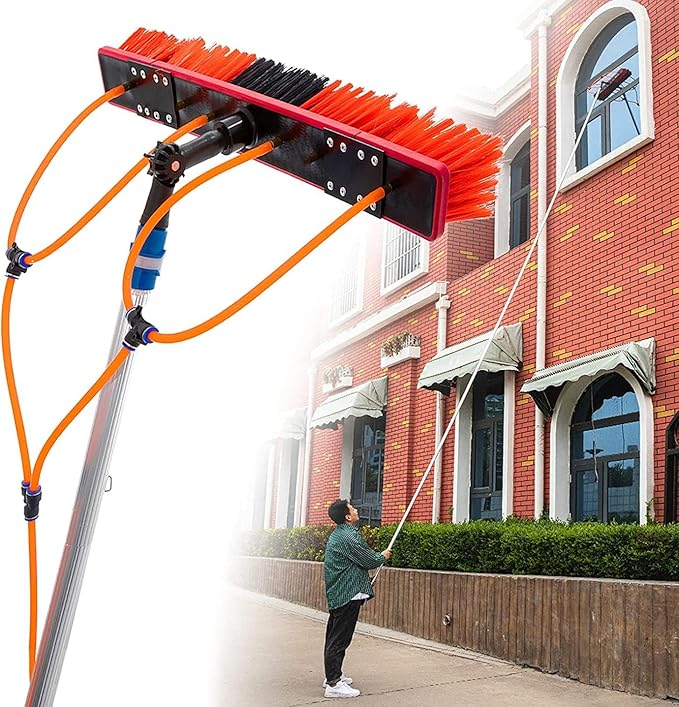5m Telescopic Window Cleaning Pole with Water Fed Brush Ideal for Conservatory Roof Photovoltaic Panel and Solar Panel Cleaning Extendable Roof Cleaning Tools for Cleaner, 30cm Brush-8m silver pole