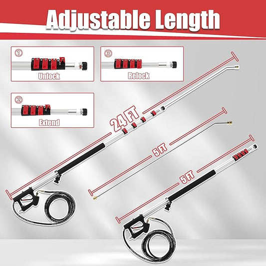 PWACCS 24 FT Pressure Washer Telescoping Wand, Telescopic Spray Power Washer Extension Wands, Gutter Cleaner Attachment with Support Belt & 7 Nozzle Tips, Brush Head, 4000 PSI