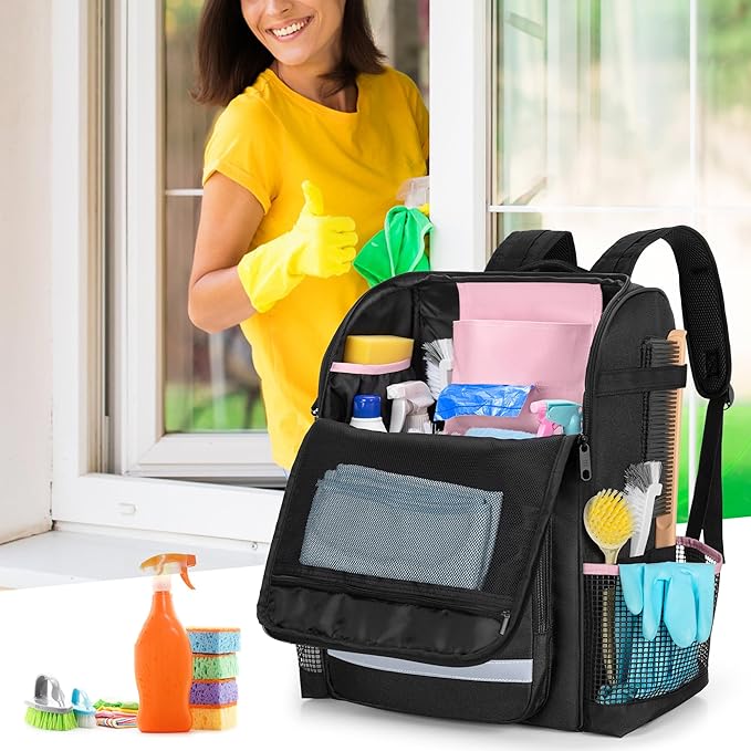 LoDrid Cleaning Bag with Thickened Adjustable Shoulder Straps, Large Cleaning Caddy Organizer with Multiple Pockets for Cleaning and Housework, Pink (Patent Designed)
