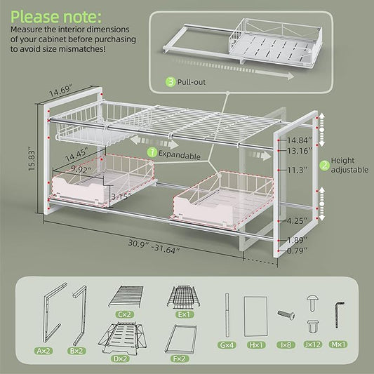 NETEL Under Sink Organizers and Storage,Kitchen Cabinet Organizer,2 Tier Under Sink Expandable Shelves,Bathroom Cabinet Organizer with Pull Out Drawers,(30.9-31.64)" W x 14.69" D x 15.83" H,White