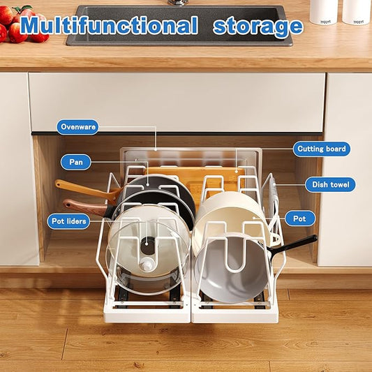 Pots and Pans Organizer Under Cabinet, 21.6" Deep Pull Out Pot Lid Organizer Holder with Guardrail Adhesive Pot and Pan Holder Rack with 10 Adjustable Dividers-1 Pack(White)
