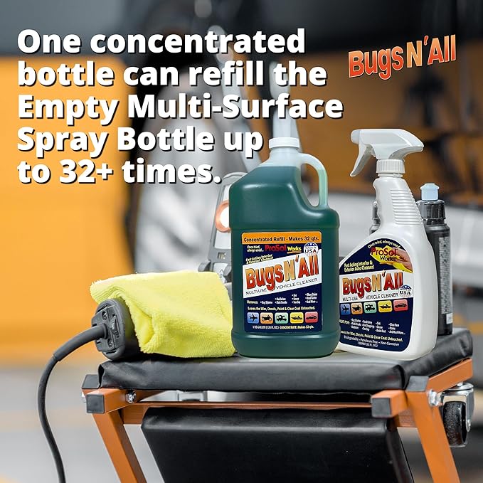 Bugs Nโ All Multipurpose Car Cleaner & Degreaser - Bug & Tar Remover Concentrate 1 Gallon - Exterior Cleaner Safe for Car Paint, Metal, Chrome, Aluminum, Windows & Mirrors - w/Free 32 oz Spray Bottle