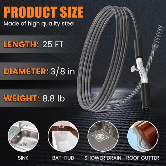 25 ft Drain Auger Plumbing Snake for Heavy Deep Blockages 3/8" Diameter Flexible Plumbing Cables Drain Snake for Kitchen Bathroom Shower Sink Cleaning Drainage Clogs