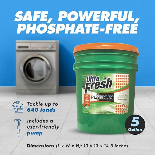 Ultra Fresh Liquid Laundry Detergent Washing Soap, 3X Platinum, 5 Gal, Original Green - Household Cleaning Supplies and Accessories for Clothing and Fabric Items