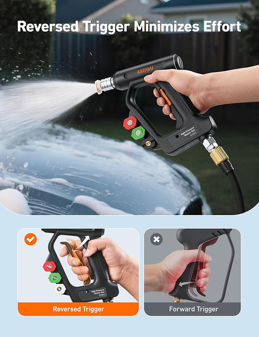 AstroAI Short Pressure Washer Gun with Swivel - High Pressure Washer with 4 Nozzles and 3/8โ Swivel Quick Connector Plug - 4060PSI Max and Compatible with Hose, Foam Cannon Car Wash Foam Gun, Black