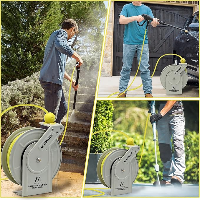 M MINGLE Retractable Pressure Washer Hose Reel, 1/4" × 60ft Heavy Duty Professional Hose Reel, Auto Rewind Power Washer Hose Reel, Wall/Floor Mounted, 3600 PSI