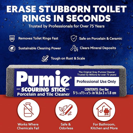 PUMIE Pumice Scouring Stick for Cleaning Toilet Rings Stain & Hard Water Rings, Extra Strong Heavy Duty Pumice Stone for Toilet Cleaning, Rust, Grills, Tough Bathroom, Ovens, Pools & Tubs - Pack of 1
