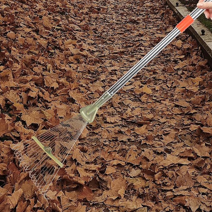 Heavy Duty Garden Leaf Rake 18 Stainless Steel Tines, Telescopic Extendable Handle 80cm for Lawn and Turf Cleaning, Landscape Hand Rake for Yard and Leaf Removal