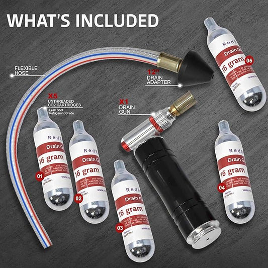 RedRock Gallo Drain Gun AC Drain Line Cleaner Tool, HVAC Air Conditioner Condensate Blaster Cleaning Kit with Flexible Hose Pipe, Includes 5 Unthreaded CO2 Cartridges