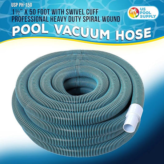 U.S. Pool Supply Pool Vacuum Hose - 1-1/2" x 50' Professional Heavy Duty Pool Hose for Inground, Spiral Wound with Kink-Free Swivel Cuff - Connect to Vacuum Heads, Skimmer, Cleaner, Filter Pump Inlet