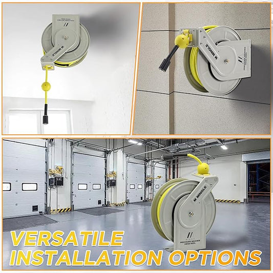 M MINGLE Retractable Pressure Washer Hose Reel, 1/4" × 60ft Heavy Duty Professional Hose Reel, Auto Rewind Power Washer Hose Reel, Wall/Floor Mounted, 3600 PSI