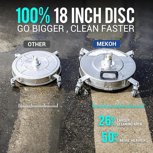 MEKOH 18" Pressure Washer Surface Cleaner 4500 PSI,4 Wheels Stainless Steel Power Washer Attachment for Driveway Sidewalk Patio Concrete Cleaning, 1/4'' Quick-Connect, 1 Extension Wand&5 Spray Nozzles