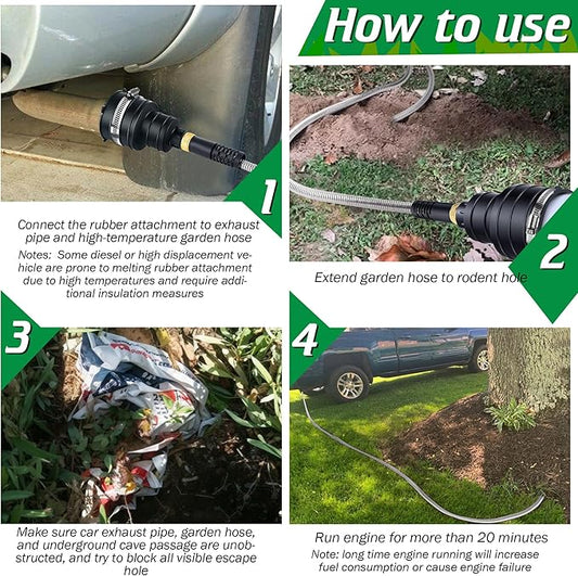 Qualirey Pest Control Exhaust Pipe Attachment with 50ft Stainless Steel Garden Hose, Transport Exhaust from Car to Underground for Killing Outdoor Rodents Such as Moles, Gophers