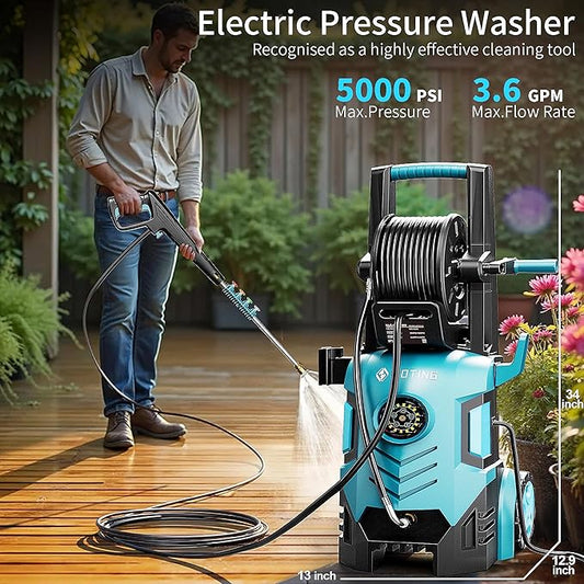 2026new Pressure Washer 5000PSI with Adj-8-Level Touch Screen, 34" Tall Power Washer, 4 Quick Connect Nozzles, Inlet Hose&Filter&500mlFoam Cannon for Cars/Fences/Driveways,Blue