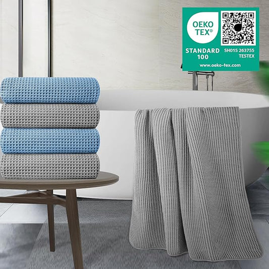 POLYTE 430 GSM Polyester Polyamide Microfiber Oversize Quick Dry Lint Free Bath Towel, 60 x 30 in, 4 Pack (Waffle Weave)